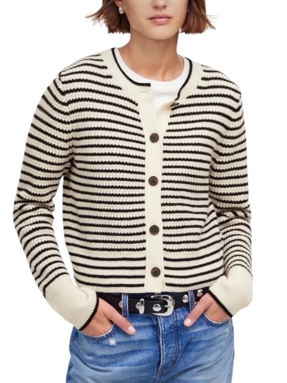 Madewell Striped Waffle Knit Wool Knit Cropped Cardigan in Winter White Stripe S
